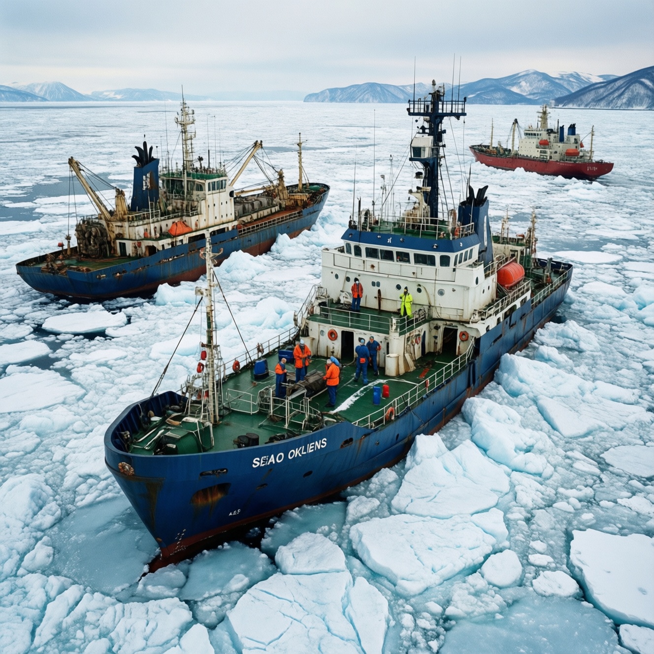 Ледоколы начали вывод судов из ледового плена в Охотском море